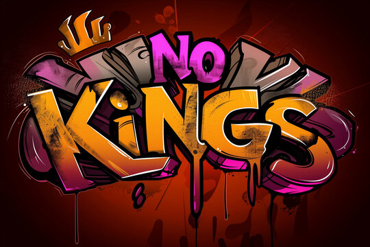 Inscription words "NO KINGS", bold characters and letters. Spray painted tag, political activism. Wallpaper and background resource.