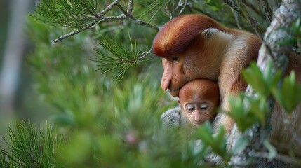 Obraz premium Proboscis monkey mother holds baby in Borneo rainforest among trees