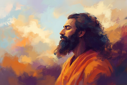 Artistic digital painting of a holy spiritual man with long hair and beard looking up at the sky during guru ravidas jayanti celebration day