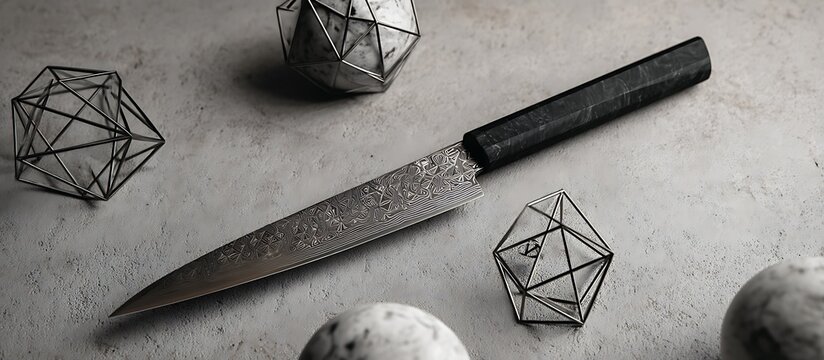 bladed knife strucyure background with stainless steel abstrat background with asbtract new art and black blade installed in it 
