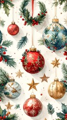 Festive Christmas Ornaments and Wreath Watercolor Illustration for Holiday Season.