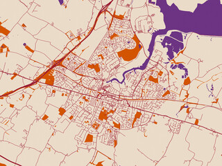 Naklejka premium City map of Sittingbourne, United Kingdom — soft cream background with burgundy street lines, warm terracotta land blocks and muted violet water