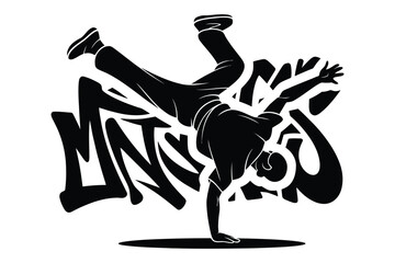 Breakdancer performing a move with graffiti background, urban art © Sadek