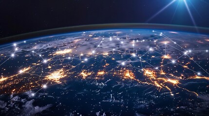 Global abstract illustration of a scientific data network enveloping earth, symbolizing connectivity