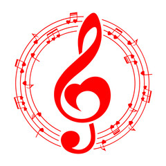 Heart shape music treble clef and notes, round musical element, vector illustration.