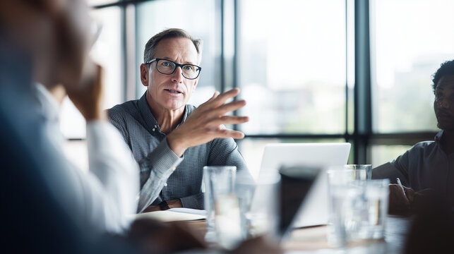 Hyperrealistic premium commercial stock photo of a business meeting: middle-aged man wearing glasses explaining a project to his team, seated at a conference table, active hand ges