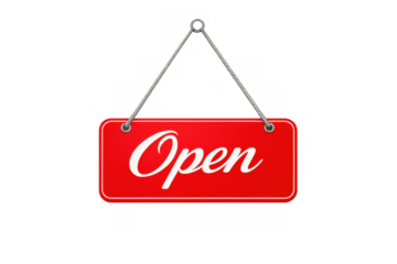 Red open sign hanging, welcoming customers to a store, shop, or commercial business establishment