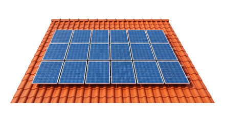 Array of solar panels mounted on orange tiled roof renewable energy sustainable power generation isolated on transparent background