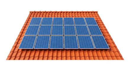 Array of solar panels mounted on orange tiled roof renewable energy sustainable power generation isolated on transparent background