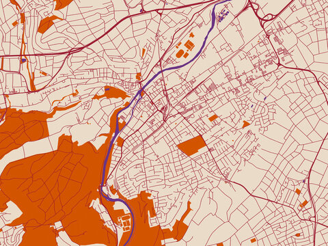 Street network map of Bad Kreuznach, Germany, burgundy linework on cream