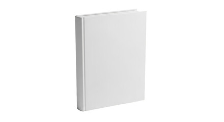 Blank white hardcover book standing upright high angle view isolated on transparent background
