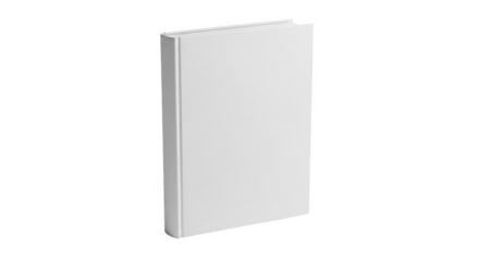 Blank white hardcover book standing upright high angle view isolated on transparent background