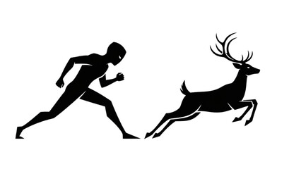 Dynamic chase of a running human and an agile wild deer in silhouette
