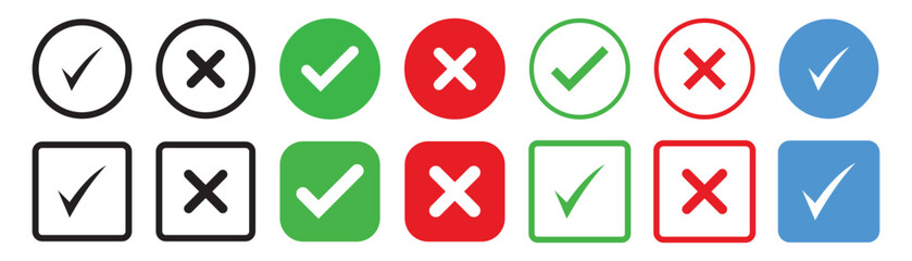 Check mark icon set. Check box icon with right and wrong buttons and yes or no checkmark icons in green tick box and red cross. vector illustration. Best Design. EPS 10.