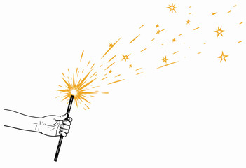 Illustration of a Hand Holding a Magic Wand Casting a Burst of Golden Sparks and Stars on a White Background