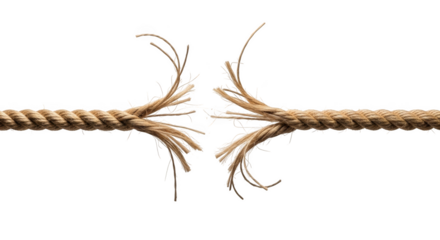 Close up of broken natural brown rope with frayed ends signifying stress and failure isolated on transparent background