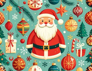 Festive Christmas Pattern with Santa Claus and Ornaments.