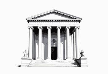 Obraz premium Grand Neoclassical Building with Symmetrical Corinthian Columns and Sculptures Flanking Entrance Against a Clear Sky