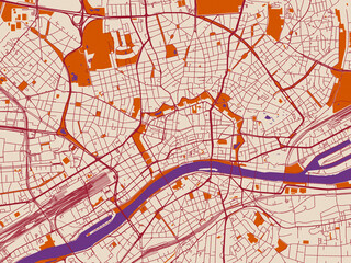 Obraz premium Street map of Frankfurt am Main, Germany in muted violet water and terracotta