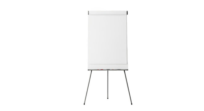 Empty flipchart on tripod stand for presentations isolated on transparent background