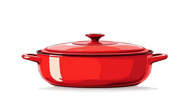 Bright red Dutch oven with lid and handles, perfect for slow cooking and braising dishes to perfection with its even heat distribution and vibrant appearance.