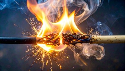 Fiery explosion sparks as electric wires collide and short circuit