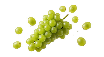 Fresh green grapes bunch with floating individual fruits isolated on transparent background
