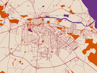 Street network map of Greifswald, Germany, terracotta and violet accents