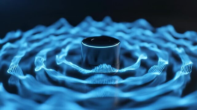 Waves of Sound: A sleek, cylindrical device at the center generates rippling blue sound waves, illustrating the invisible power of audio.