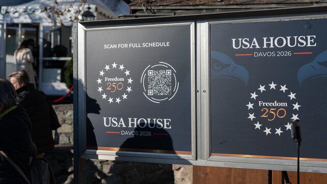 Davos, switzerland, january 20th 2026 usa house davos 2026 world economic forum signage