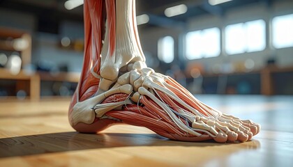 Detailed illustration of human foot anatomy on wooden floor