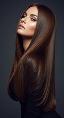 Fototapeta premium Captivating portrait of a beautiful woman with long, lustrous brown hair styled to perfection, exuding elegance and modern glamour against a deep, subtle background