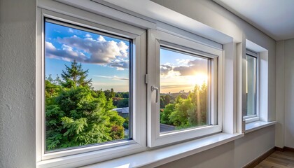View of trees and sky through modern window frames at sunrise with LKJ reference