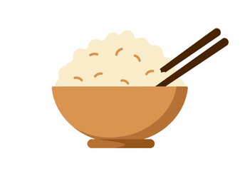 Illustration of a Bowl Filled with Steaming Rice Accompanied by a Pair of Wooden Chopsticks Against a Clean White Background