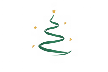 Green ribbon christmas tree forming a festive holiday symbol with gold stars, transparent background, minimalist vector illustration