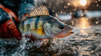 Fototapeta premium Fisherman catches perch while ice fishing on frozen lake at sunset during winter season