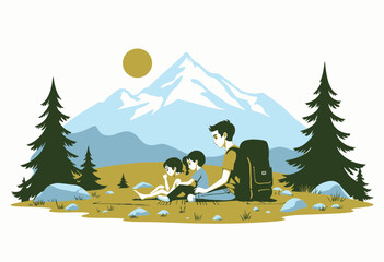 Naklejka premium Family Relaxation in Mountainous Wilderness: Father with Kids Enjoying Nature and Scenery under Clear Sky with Majestic Snow-Capped Peaks and Forests