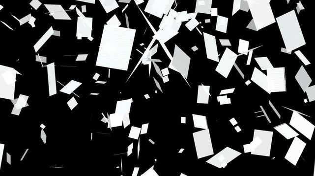 White paper documents animation falling randomly downward on black background. 4K animated paper for overlay, scattered document falling, motion graphics, background effect, and document overload.