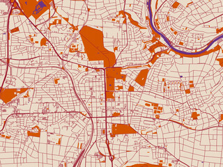 Cartographic city illustration of Ludwigsburg, Germany &mdash; soft cream background with burgundy street lines, warm terracotta land blocks and muted violet water