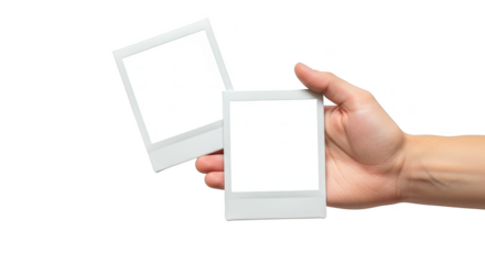 Hand holding two blank instant photo frames isolated on transparent background