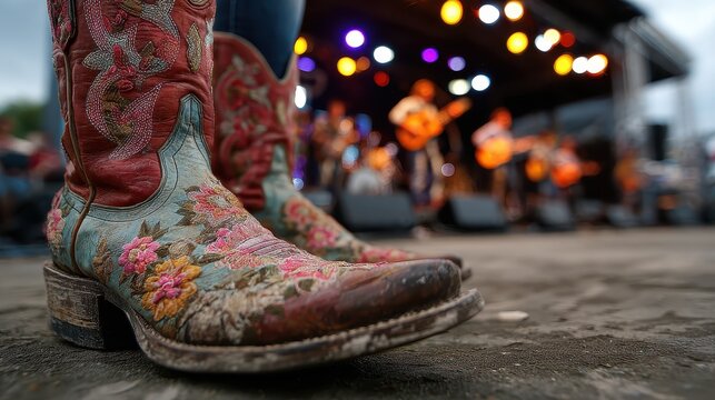Closeup of cowboy boots during a live music performance at a vibrant venue in the evening with colorful lights shining on stage - Powered by Adobe