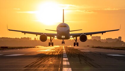 Airplane landing on runway at sunset with cityscape in background viewed from front LKJ (202).jpg