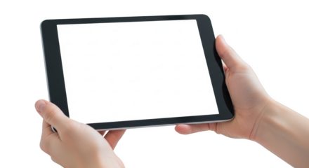Hands holding a tablet device displaying a blank white screen great for mockups isolated on transparent background
