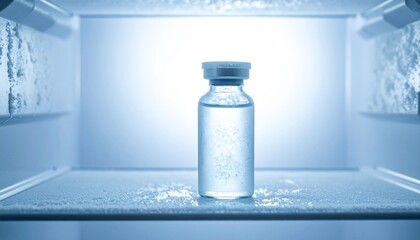 A glass vial with a frozen substance is placed on a shelf inside a cold freezer with ice on the inner walls and bottom, viewed from the front, as seen in LKJ (205).jpg