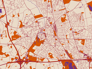 Cartographic city illustration of Moers, Germany — warm ivory base with deep wine street grid, clay-orange areas and dusky purple waterways © W&S Stock