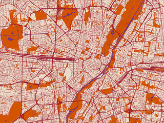 Naklejka premium Street network map of Munchen, Germany, featuring minimal cream city base with wine-red streets, terracotta accents and soft purple water areas