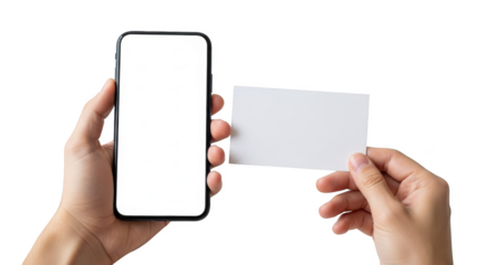 Hands holding smartphone with blank white screen and business card for mockup isolated on transparent background