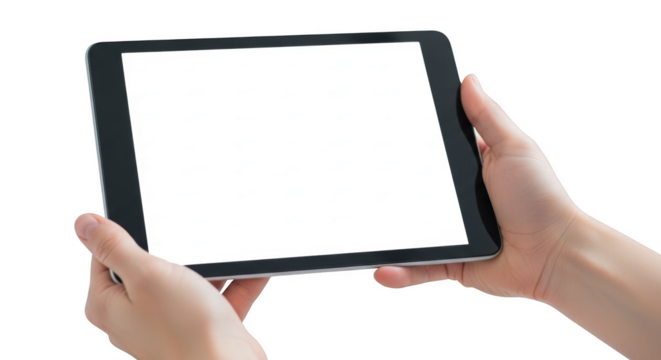 Hands holding a tablet device displaying a blank white screen great for mockups isolated on transparent background - Powered by Adobe