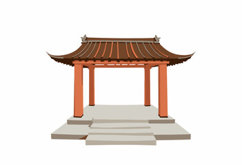 Traditional Asian Pavilion with Decorative Brown Roof and Four Pillars Depicted on Minimalist Background Emphasizing Unique Architectural Style