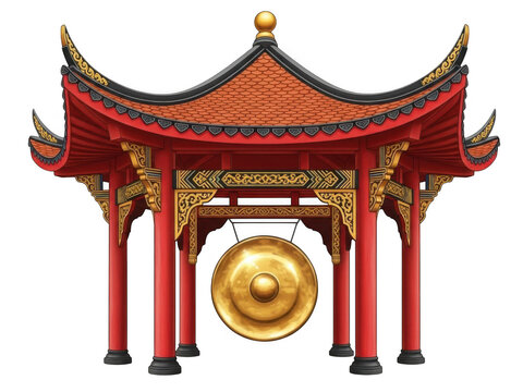 Traditional chinese pavilion with golden gong isolated on transparent background